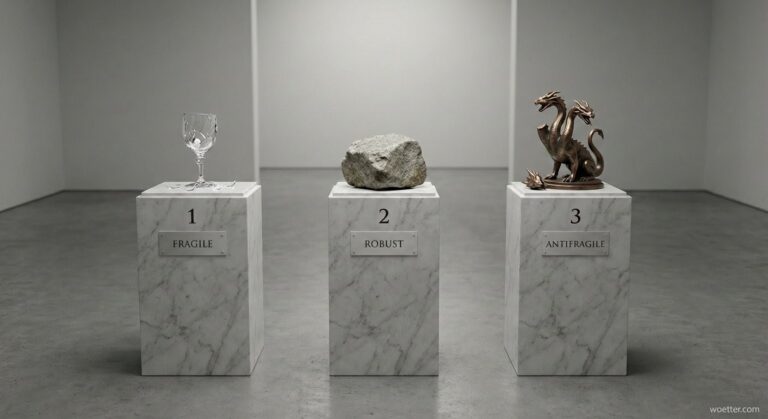 Realistic 3D rendering of a minimalist museum gallery featuring three white marble pedestals lined up side by side. The first pedestal, on the left, has a plaque reading "1 FRAGILE" and holds a shattered crystal goblet. The second pedestal, in the center, has a plaque reading "2 ROBUST" and displays a rough, intact granite stone. The third pedestal, on the right, has a plaque reading "3 ANTIFRAGILE" and showcases a small bronze statue of a Hydra; a severed head lies at the base, while two new heads are sprouting from the cut neck.