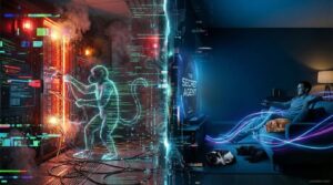 Split-screen image showing two contrasting scenes with a cyberpunk aesthetic. On the left, a chaotic server room filled with smoke, sparks, and red warning lights. A holographic monkey made of glowing green computer code is violently pulling cables from the server racks. A wall of digital glitches separates the two halves. On the right, a calm, dark living room illuminated by cool blue light. A smiling man relaxes on a couch, holding a remote and watching a movie titled "THE SECRET AGENT" on the TV screen. Three cats are resting nearby: an orange cat on the couch, and a black cat and a black-and-white cat (tuxedo) on the rug. Smooth, glowing neon light trails in blue and purple weave through the living room space.