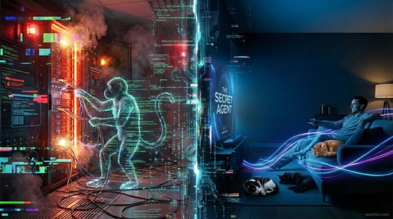 Split-screen image showing two contrasting scenes with a cyberpunk aesthetic. On the left, a chaotic server room filled with smoke, sparks, and red warning lights. A holographic monkey made of glowing green computer code is violently pulling cables from the server racks. A wall of digital glitches separates the two halves. On the right, a calm, dark living room illuminated by cool blue light. A smiling man relaxes on a couch, holding a remote and watching a movie titled "THE SECRET AGENT" on the TV screen. Three cats are resting nearby: an orange cat on the couch, and a black cat and a black-and-white cat (tuxedo) on the rug. Smooth, glowing neon light trails in blue and purple weave through the living room space.