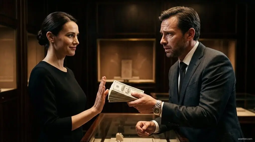 Dramatically lit photograph inside a luxury boutique. A man in a suit, with an expression of desperation and disbelief, holds out a thick stack of Brazilian Real banknotes (featuring the 200 Reais bill on top) over a glass counter. On the other side, an elegant saleswoman in a black dress smiles calmly while holding up her hand in a polite "stop" gesture, refusing the money. The dark background of the store with display cases is blurred, highlighting the tense interaction between the two characters.
