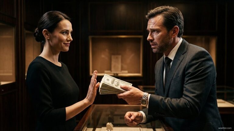 Dramatically lit photograph inside a luxury boutique. A man in a suit, with an expression of desperation and disbelief, holds out a thick stack of Brazilian Real banknotes (featuring the 200 Reais bill on top) over a glass counter. On the other side, an elegant saleswoman in a black dress smiles calmly while holding up her hand in a polite "stop" gesture, refusing the money. The dark background of the store with display cases is blurred, highlighting the tense interaction between the two characters.