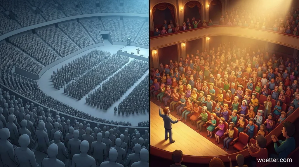 Esta imagem de tela dividida ilustra conceitualmente a diferença entre uma "multidão" e uma "comunidade". O lado esquerdo mostra um estádio gigantesco e frio, lotado com milhares de figuras humanas cinzas, sem rosto e idênticas. Elas estão distantes de um palco minúsculo e vazio, sob uma luz azul pálida, transmitindo uma sensação de anonimato e separação. Em contraste, o lado direito apresenta um teatro intimista e acolhedor, banhado por uma luz dourada e quente. A plateia é menor, composta por pessoas coloridas e expressivas, que interagem diretamente com um orador no palco próximo. A atmosfera é de conexão e valor, com cada indivíduo parecendo único e engajado. A divisão vertical no centro reforça o contraste entre os dois ambientes e conceitos.