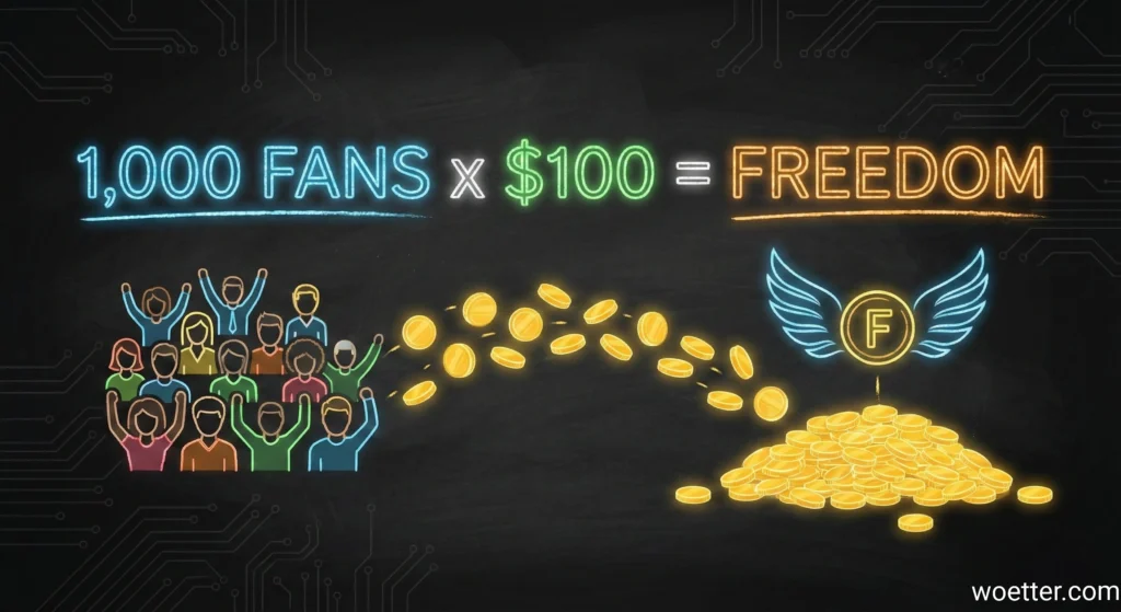 A neon sign illustration on a dark, textured chalkboard background with circuit board patterns. The top features a glowing neon equation: "1,000 FANS" (blue neon), "x $100" (green neon), "= FREEDOM" (orange neon). Below, a group of diverse people icons, cheering and outlined in multi-colored neon, are connected by a curved stream of glowing golden neon coins that flow into a large pile of golden neon coins. Above the coin pile is a winged emblem (blue neon) with a central 'F', representing freedom. The entire illustration glows with a neon light effect.