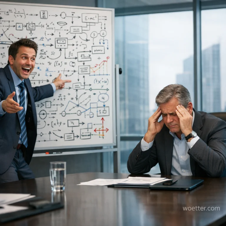 Two men in a corporate conference room with large windows overlooking a city skyline in the background. On the left, a man in a dark blue suit and striped tie leans forward with a wide grin, enthusiastically pointing at a whiteboard covered in mathematical formulas, equations, flowcharts, and colorful graphs. On the right, an older man in a gray suit sits at the dark wooden table with his head bowed, pressing his fingertips to his temples in a gesture of frustration or stress. On the table in front of him are documents, a black smartphone, and a clear glass of water.