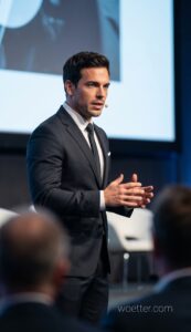 A white man with short dark brown hair and light eyes, wears a dark charcoal suit with a white dress shirt and black tie. He has a beige lapel microphone near his mouth and gestures with his hands clasped together in front of him while delivering a presentation. A large blue-white projection screen is visible in the background, and blurred audience members appear in the foreground.