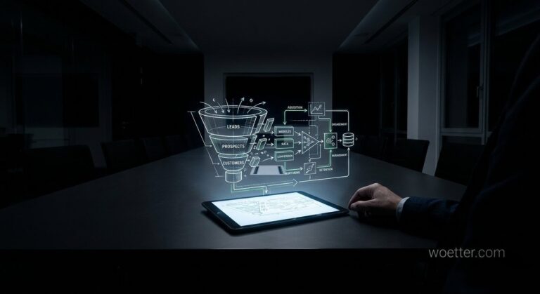 A stark, dimly lit corporate boardroom at night. On the table, an illuminated tablet projects a glowing, floating holographic diagram of a sales funnel. The funnel is segmented into tiers labeled 'LEADS', 'PROSPECTS', and 'CUSTOMERS'. Beside the funnel is a complex flowchart featuring interconnected analytical modules and terms like 'ACQUISITION', 'CONVERSION', 'ENGAGEMENT', and 'RETENTION'. A person's hand, wearing a dark business suit, rests calmly on the table near the tablet. The overall aesthetic is serious, precise, and high-tech.